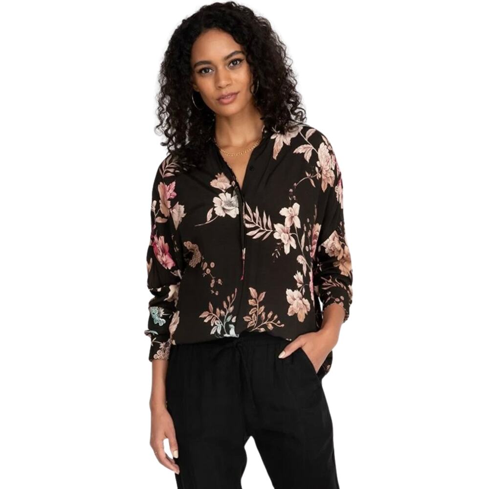 Johnny Was JADE Taos Black Floral Silky Viscose Button Down Shirt Size M